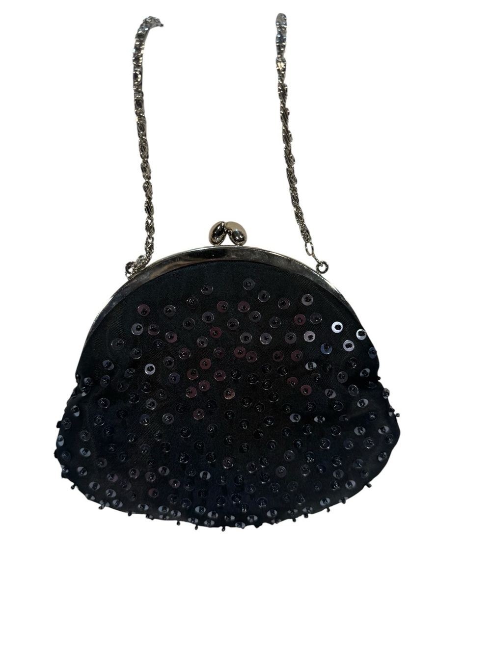 Vintage‎ Black Beaded Evening Bag Clutch Purse w/ Chain Strap Rhinestones Pearls